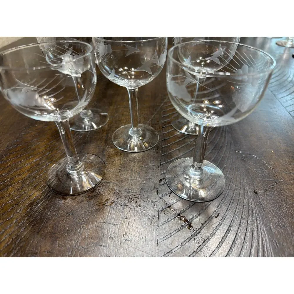 Vintage Etched Glass Wine Claret Glass Set Of 5 Stemware 4 3/4
